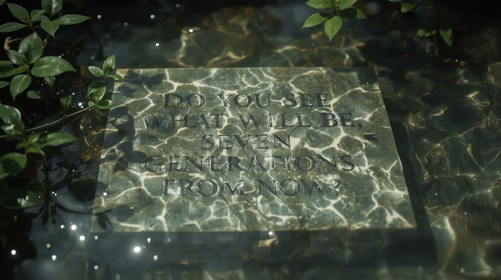 Tablet with inscription: "Do You See What Will Be, Seven Generations From Now" in a shallow murky pool